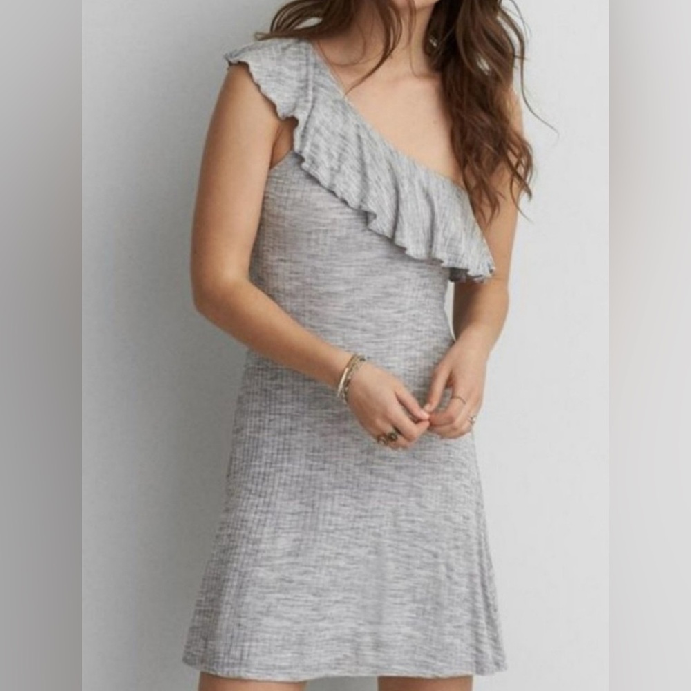 American Eagle Ribbed Grey One Shoulder Ruffle Dress